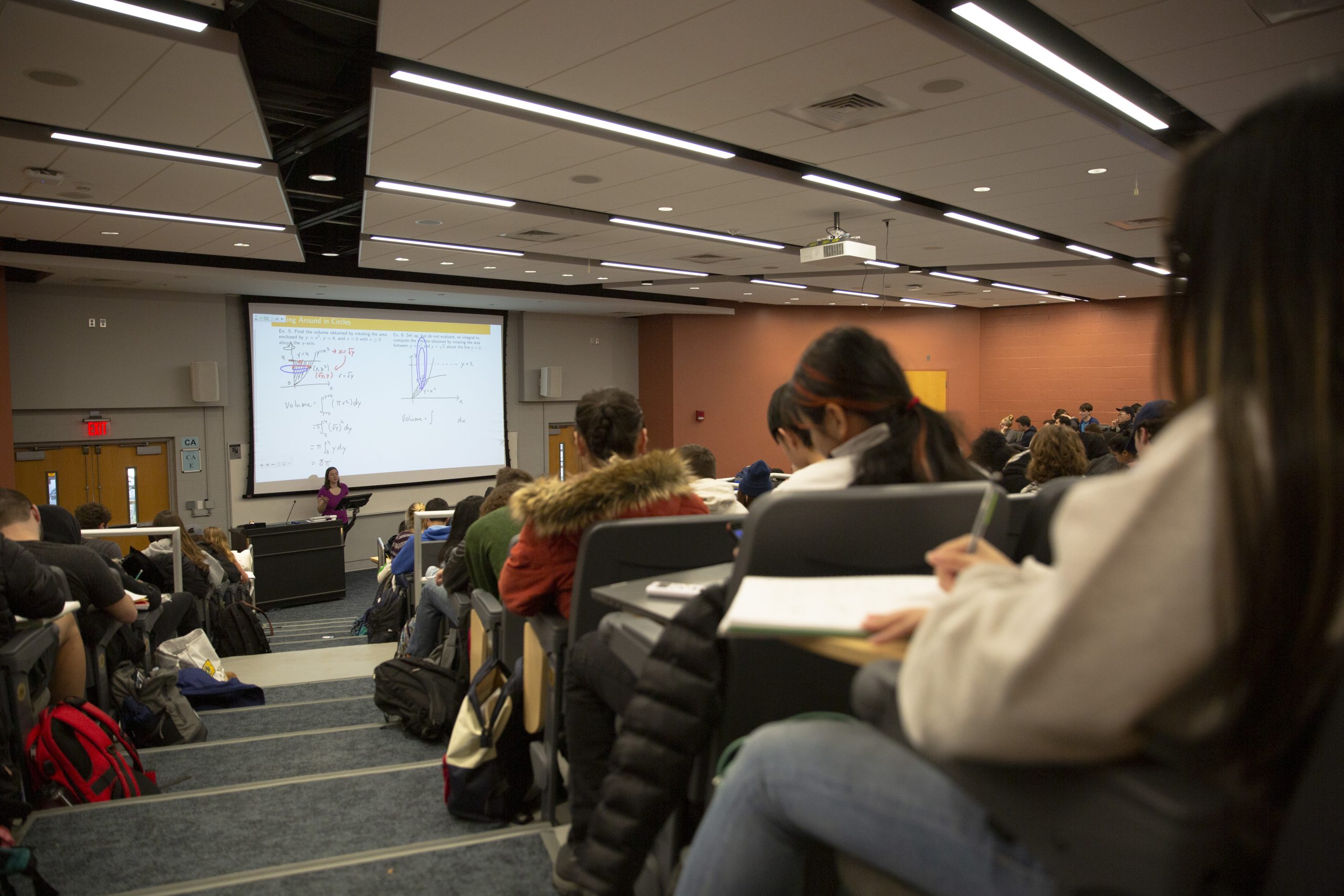 A professor leads a large mathematics lecture.
